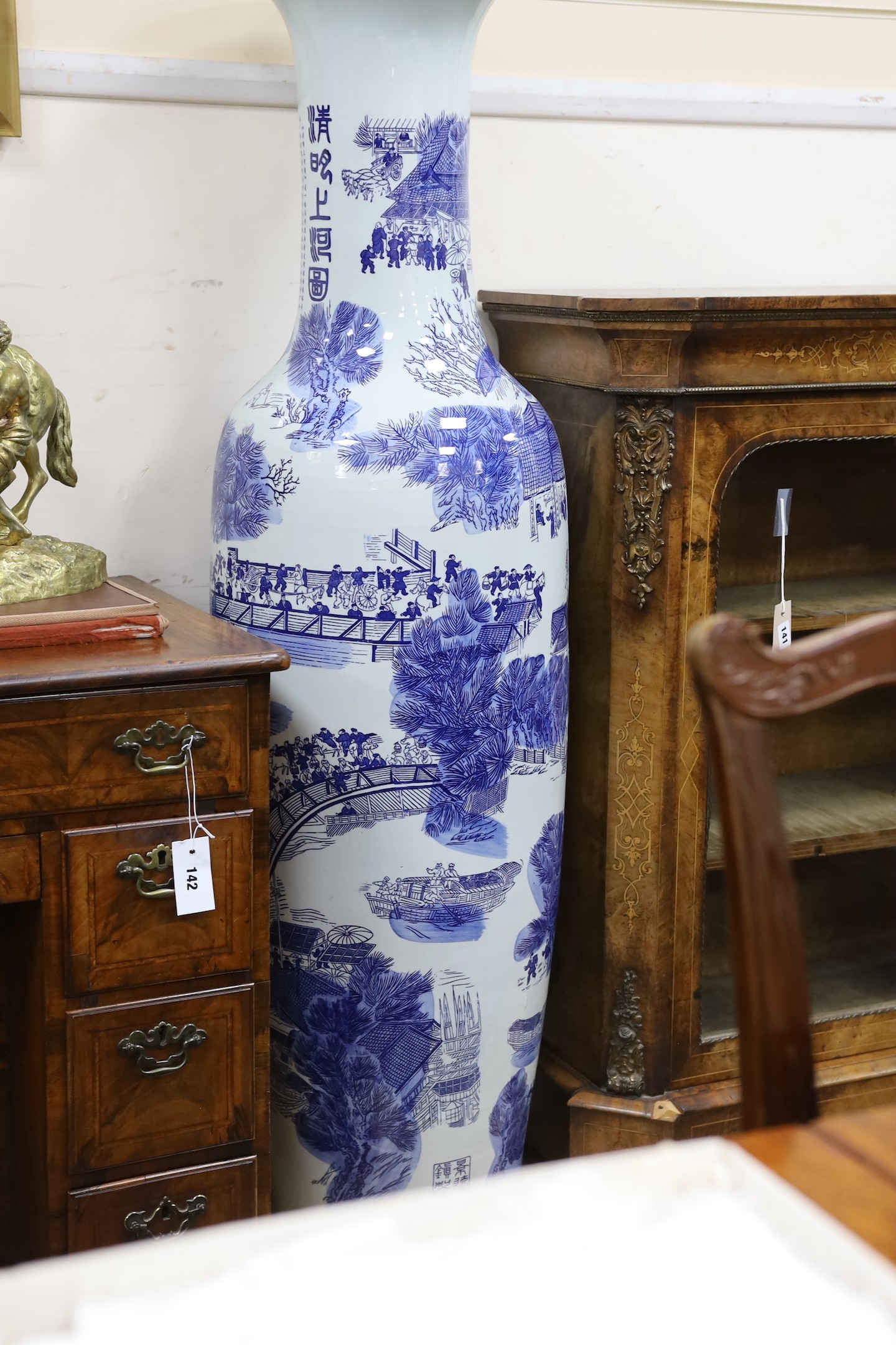 A pair of massive Chinese blue and white vases, 142cm